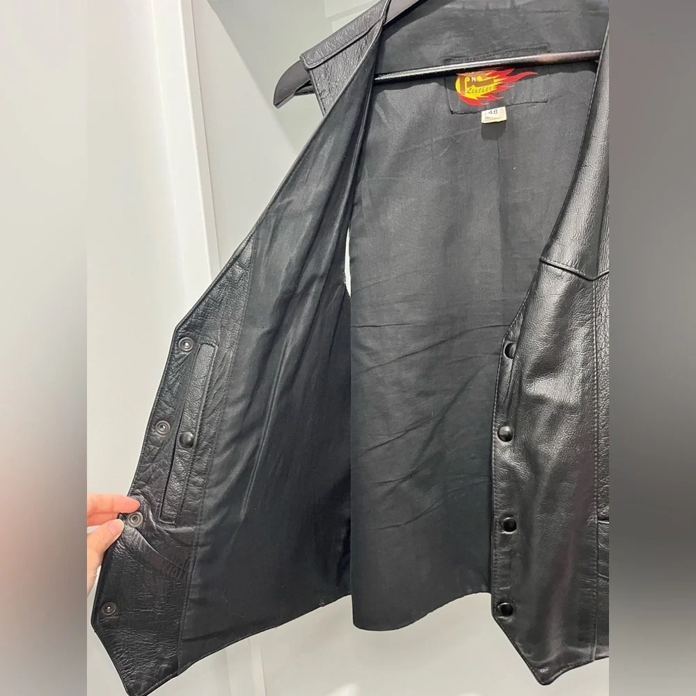 Vintage PNC Leather Black Motorcycle Vest Made In The USA size 48 XL/XXL